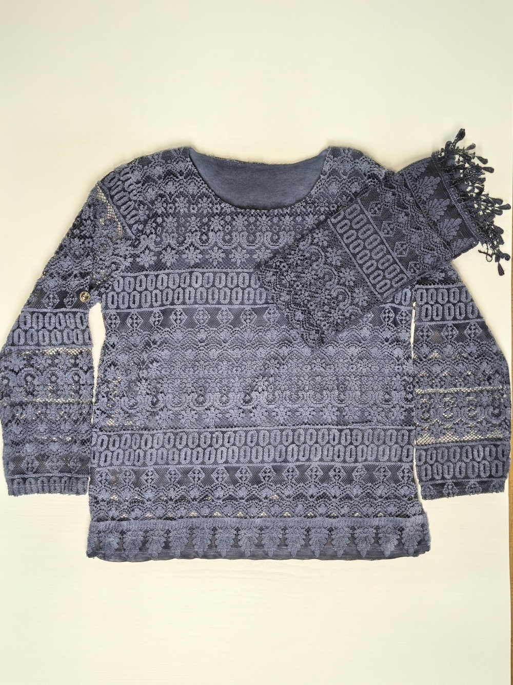 Long Sleeve Blue Lace Top with Matching Scarf